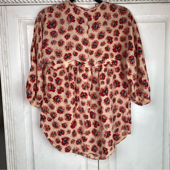 Rebecca Taylor Boho 100% Silk Floral Pink Red Oversized Flowy Tunic Blouse 6 - Picture 5 of 8